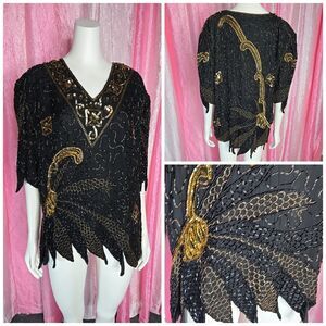 Gold Star Vintage Black Golf Exquisite Sequin Beaded Cocktail Blouse Size 3X